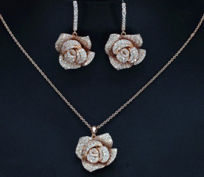18K Rose Gold Plated Bridal Flower Necklace Earrings Set w Swarovski  Crystal