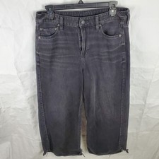 American Eagle Jeans Womens 10 Black Super Hi Rise Baggy Wide Leg Ankle Distress