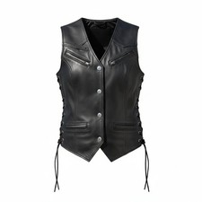Womens Biker Classic Genuine Cowhide Leather Motorcycle Vest Side Lace