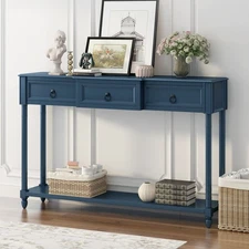 TREXM Antique Navy Console Sofa Table with Drawers, Long Shelf