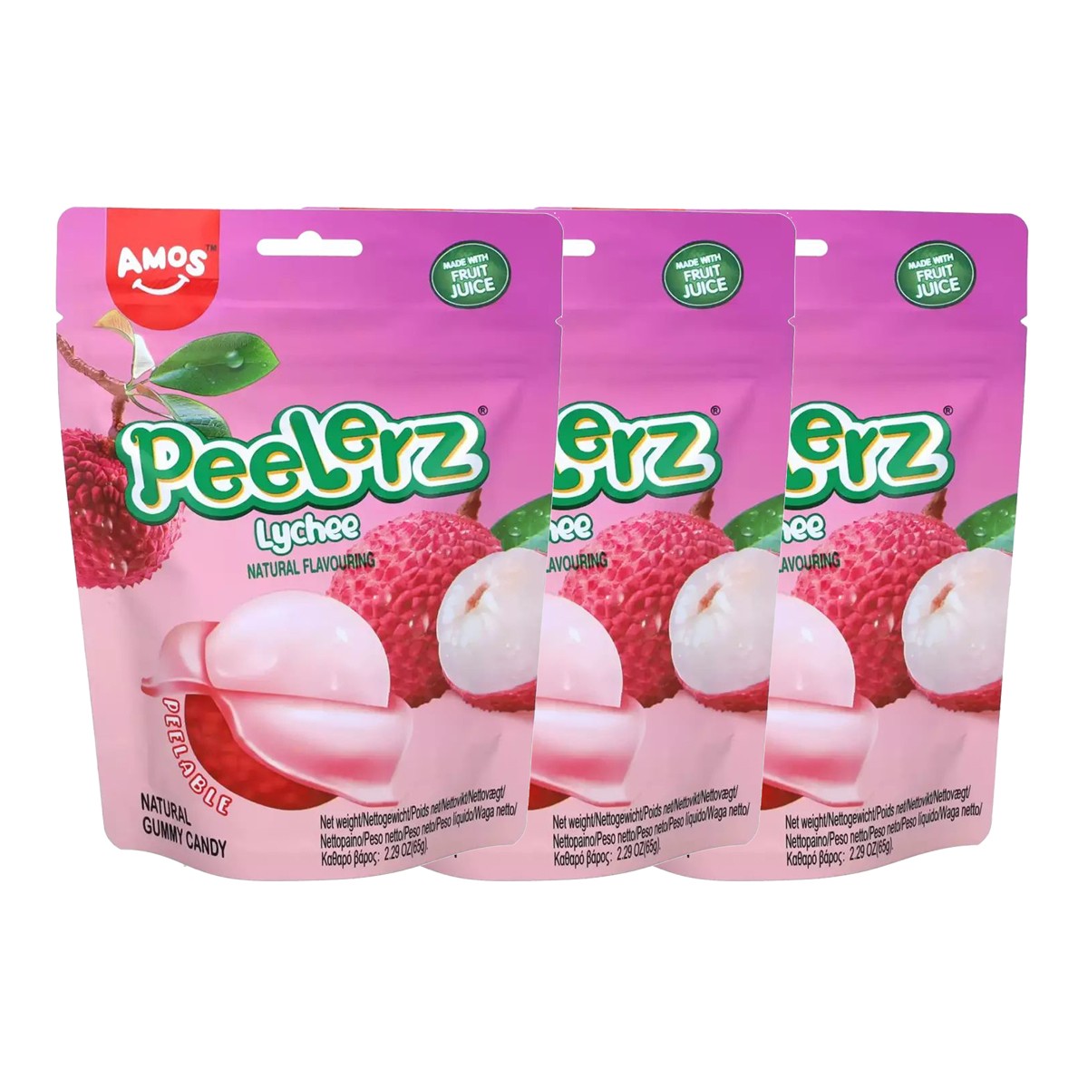 Amos Peelerz Gummies Lychee mit einer fruchtigen Füllung 65g 3er Pack