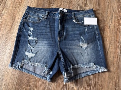 Ms. Cello Blue Distressed Cut Off Denim Shorts 1X Plus Stretch Fringe Pockets