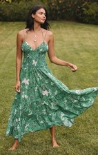 Anthropologie The Josephine Smocked Drop-Waist Dress Green Floral Dress Sz L