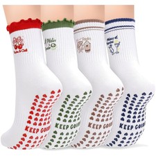 4 Pairs Cute Non-Slip Yoga Socks with Heart Grip - Perfect for Women's Fitness