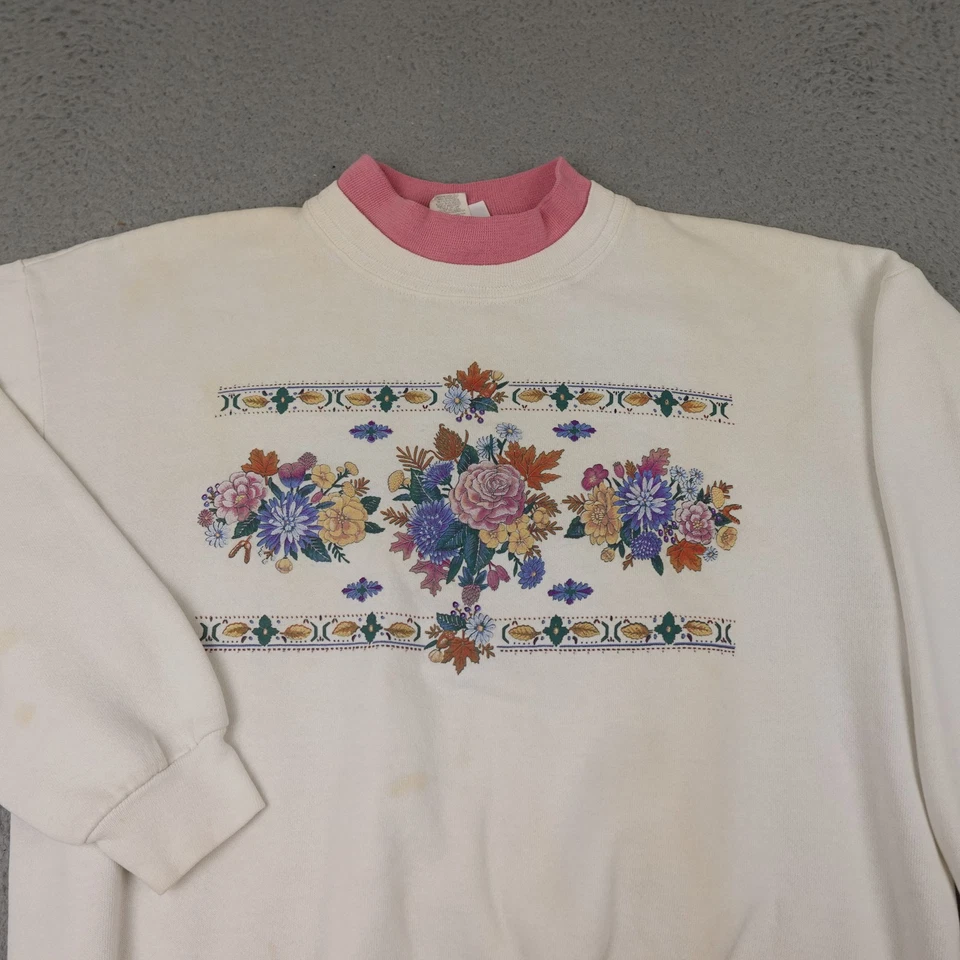 Vintage Morning Sun Sweatshirt Womens Medium White Pink Floral Crewneck USA 90s - Image 3 of 4