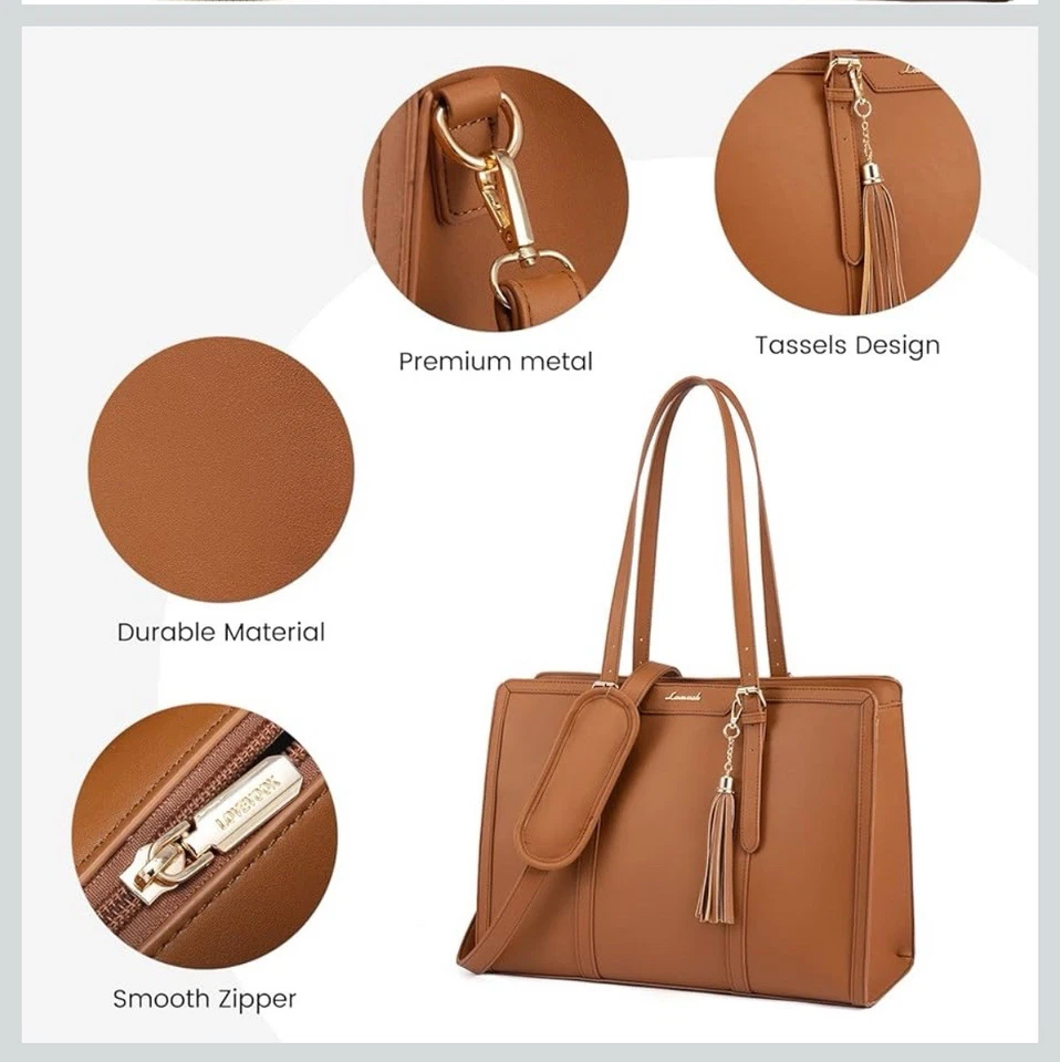 Lovevook с подкладкой ноутбука компьютер сумка с короткими ручками для женщин водонепроницаемый кожаный коричневый - Изображение 4 из 4