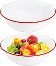 Elsjoy Set of 2 Enamel Bowl, 3 Quart Large Enamel Mixing Bowl White Enamelware w