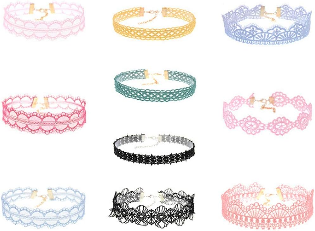 10Pcs Assorted Color Lace Charm Gothic Tattoo Choker Necklaces for Women
