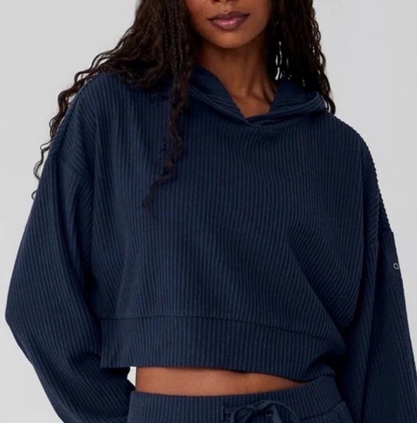 Alo Yoga Muse Hoodie Cropped Rib Top Navy Size S RRP $158