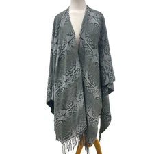 Celtic Knot Shawl Cape Wrap Fringed Poncho Ruana Gray Green Festival Style
