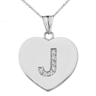 925 Sterling Silver CZ Initial Letter J Heart Pendant Necklace 16