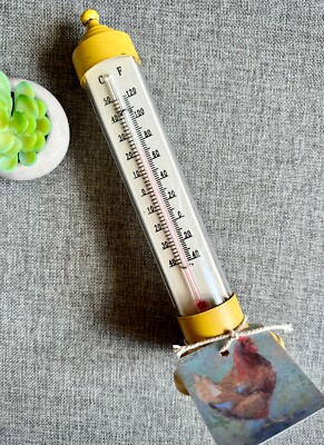 New Metal & Glass Distressed Style Mustard Yellow Free-Standing Thermometer 10 