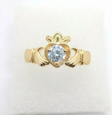 14K Argent Plaqué or Jaune 1/3CT Solitaire Moissanite Claddagh Promesse Bague - Photo 1/4