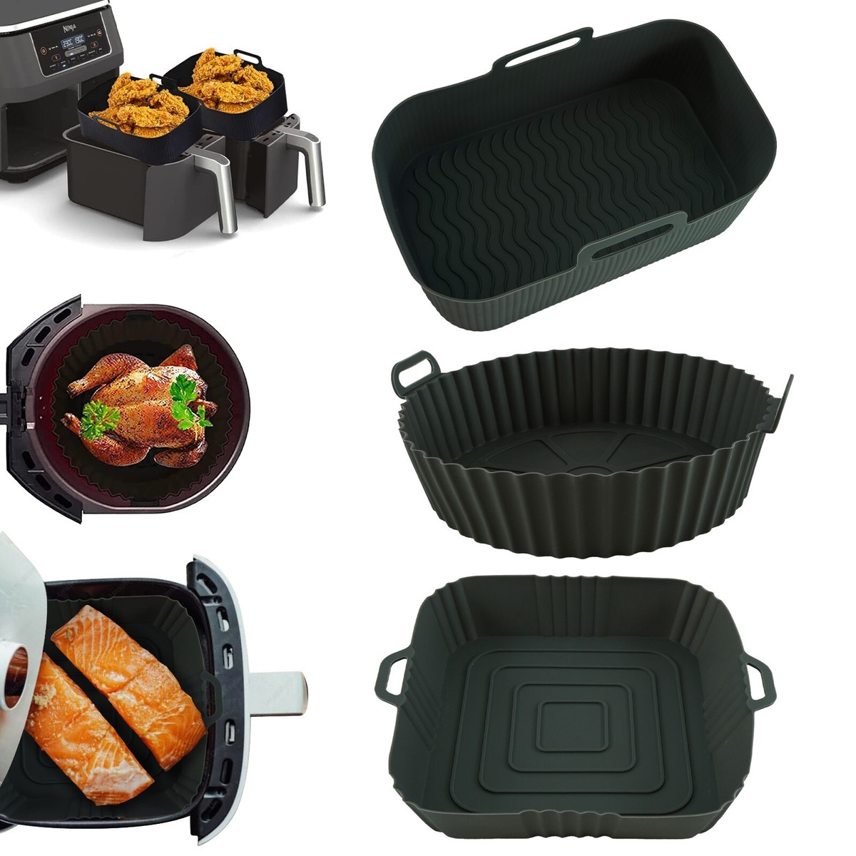 Silicone Air Fryer Pot Non Stick Basket Liner Dish Handle Tray Black Baking  Pan
