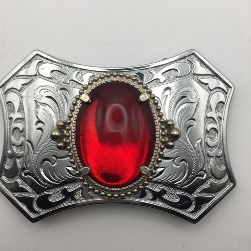 Western Belt Buckle Silver Rectangle Red Stone Cabochon Men's Ornate 4" Cowboy