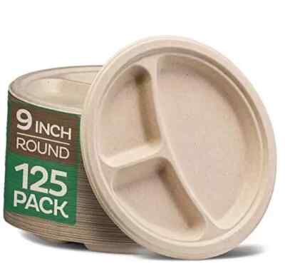 100% Compostable, 3 Compartment, Disposable Paper Plates [125-Pack] - {PFAS