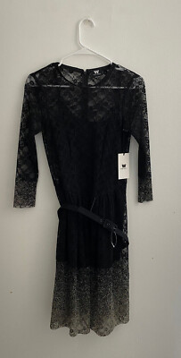 W by Worth Black Pleated Glitter Accent Lace Overlay Belted Dress sz New  NWT