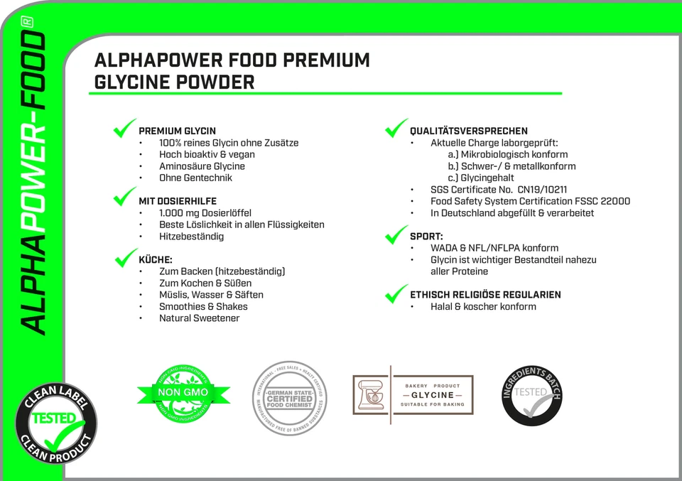 ALPHAPOWER FOOD® PREMIUM Glycine Powder 1kg Vegan 100% Pure Bioactive Amino Acid - Image 2 of 2