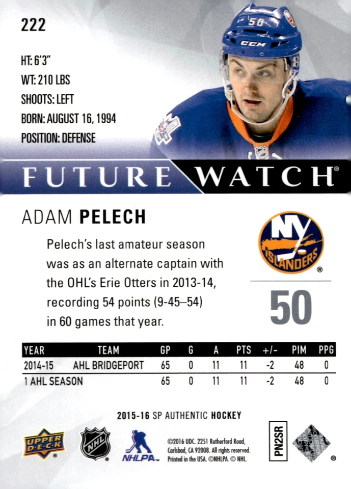 Adam Pelech - 2015-16 Upper Deck SP Authentic Future Watch /999 Rookie Card #222 - Image 2 of 2