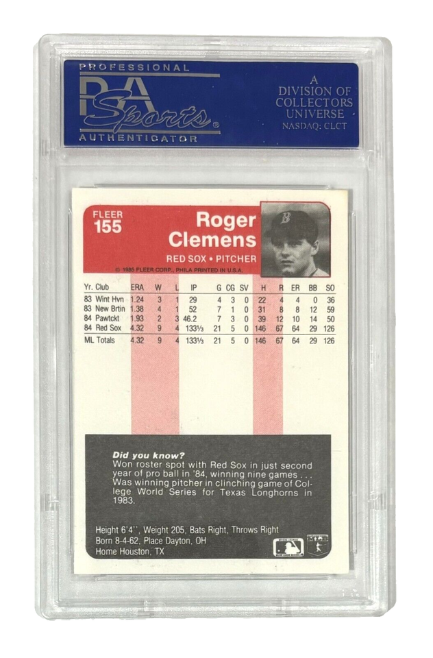 ROGER CLEMENS (RC) - 1985 FLEER #155 - BOSTON RED SOX - PSA 8 NM - MT ...
