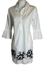 LE SARTE PETTEGOLE Shirt Dress 40 White Black Embroider Cut Out Shift Pockets