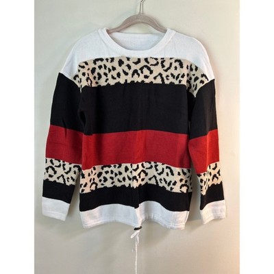 Women's Medium Leopard Colorblock Knit Sweater Red Black White Drawstring Hem