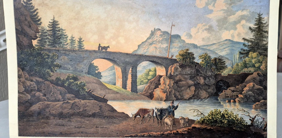 Anónimo - Dibujo gouache, siglo XIX. Romántico paisaje suizo... Foto 3 de 4