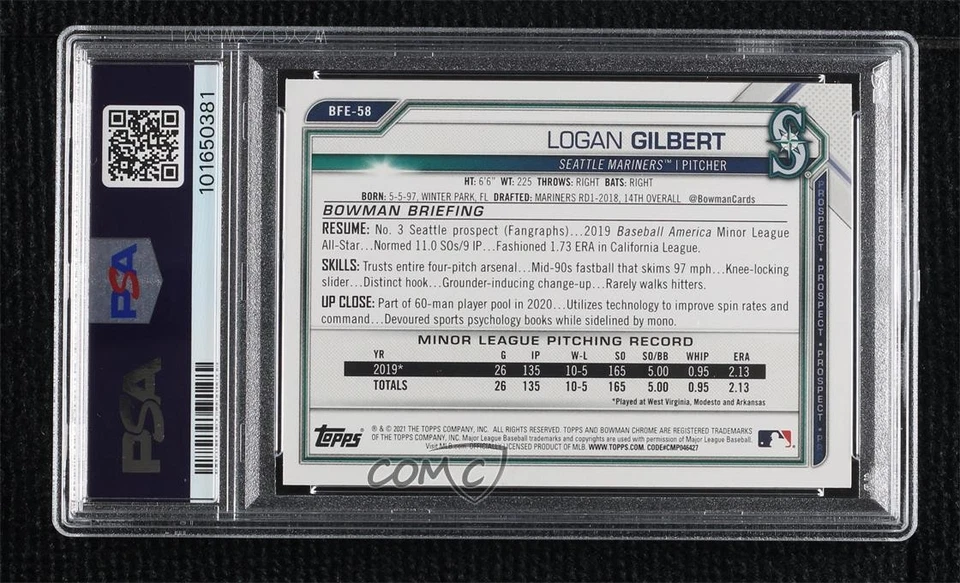 2020 Bowman 1st Edition Yellow Foil /75 Logan Gilbert #BFE-58 PSA 9 MINT - Image 2 of 2