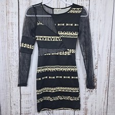 CHARLOTTE RUSSE XS Mini Dress Black Beige Tribal Print Mesh Sheer Bodycon Grunge
