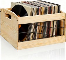 Vinyl Record Storage Crate Wooden Album Holder W/ Handle Holds up to 70 Albums