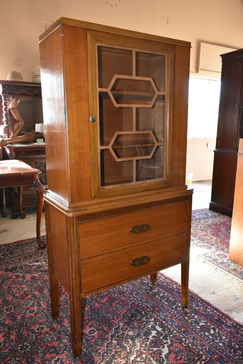 Vintage MCM Walnut China Cabinet Hutch Glass Door Drawer Base