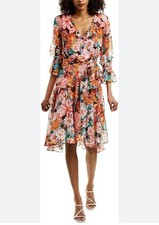 Tahari Arthur S. Levine Floral Wrap Dress - Women's Size 6 - Midi Ruffle Sleeve
