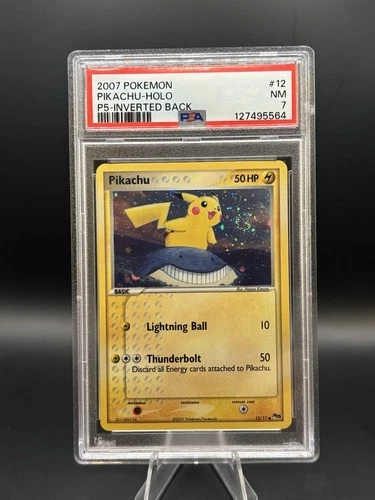 SWIRL INVERTED BACK ERROR Pikachu Pokemon 2007 P5 Pop Series English 12/17 PSA 7