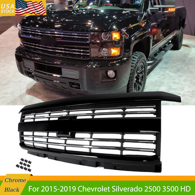 For 2015-2019 Silverado 2500 3500 HD Black Hood Grille w/ Chrome Bars LTZ Style