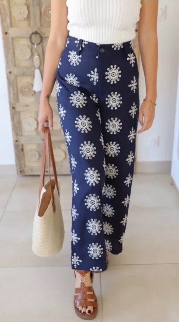 ZARA SS24 Navy Blue High-Waist Contrast Embroidered Culottes image 9