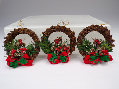 3 Vintage Straw Wreath 4-1/2'' Christmas Ornaments Pine Cones Ribbons Hangers K23