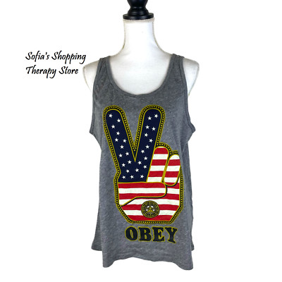OBEY Vintage Women's Sz Large Patriotic American Flag Tank T-Shirt Tee Gray NEW