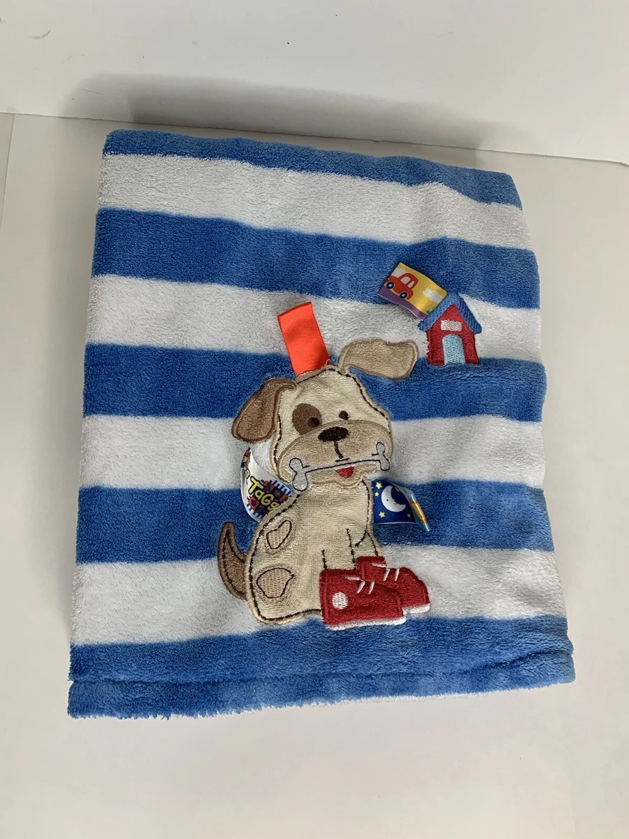 Large Taggies Blanket Blue White Striped Infant Appliqued Dog