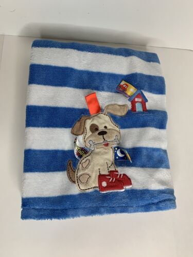 Large Taggies Blanket Blue White Striped Infant Appliqued Dog Ribbon Loops 30x40 - Picture 1 of 12