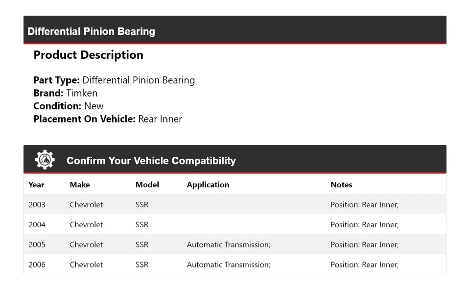 Cojinete de piñón diferencial trasero Timken 2004 para Chevrolet SSR 2003-2006 Foto 2 de 4