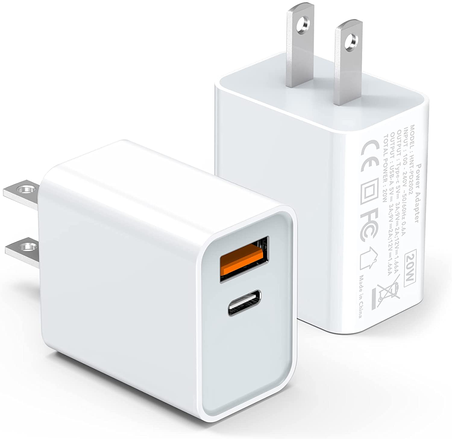 20W Dual Port USB C Fast Charger Block 2-Pack with PD