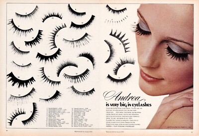 1970 Vtg 2-Page Ad Andrea Eyelashes European Hair False Lashes Cosmetic Eyes