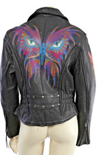 Vintage Leather King Black Hand Painted Butterfly Back Motorcycle Jacket Size S