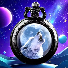 Fashion White Wolf Round Quartz Pocket Watch With Chain Unique New Year Gift