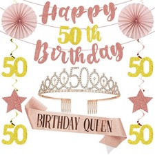 Zirtorei 50th Birthday Decorations for Women, 50 Year Old Bday Crown Sash