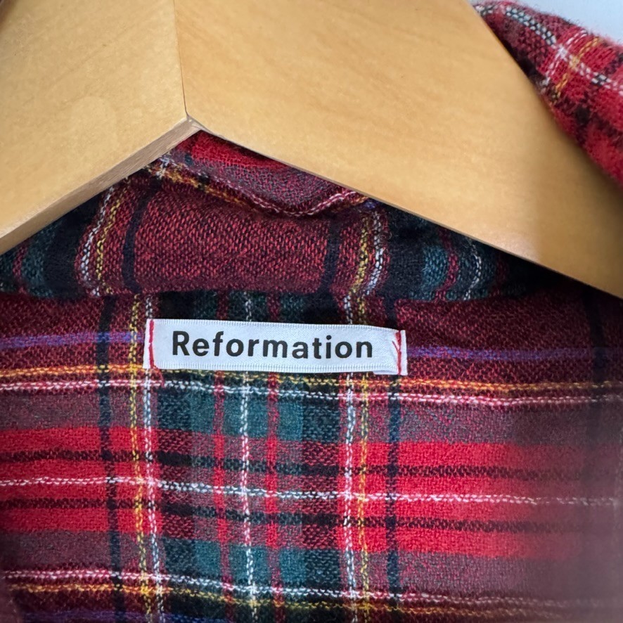 Reformation Plaid Button Down Collared Top S Red … - image 3