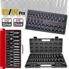 32/35 PCS DEEP & SHALLOW IMPACT HEX SOCKET AXLE NUT SOCKETS SET 1/2" 3/8" DRIVE