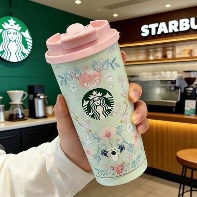 NEW Starbucks Floral Travel Tumbler 16oz-- Mint Green Flower Print Insulated Cup