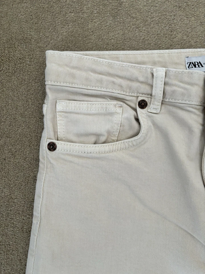 Zara Ecru Cream Frayed Hem Straight Leg Cropped Denim Jeans Size 40 UK 12 L23" - Image 3 of 4