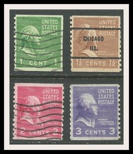 U.S.A. 1938-43 COILS, PERFORATED VERTICALLY 1, 1 1/2, 2, 3 cents USED